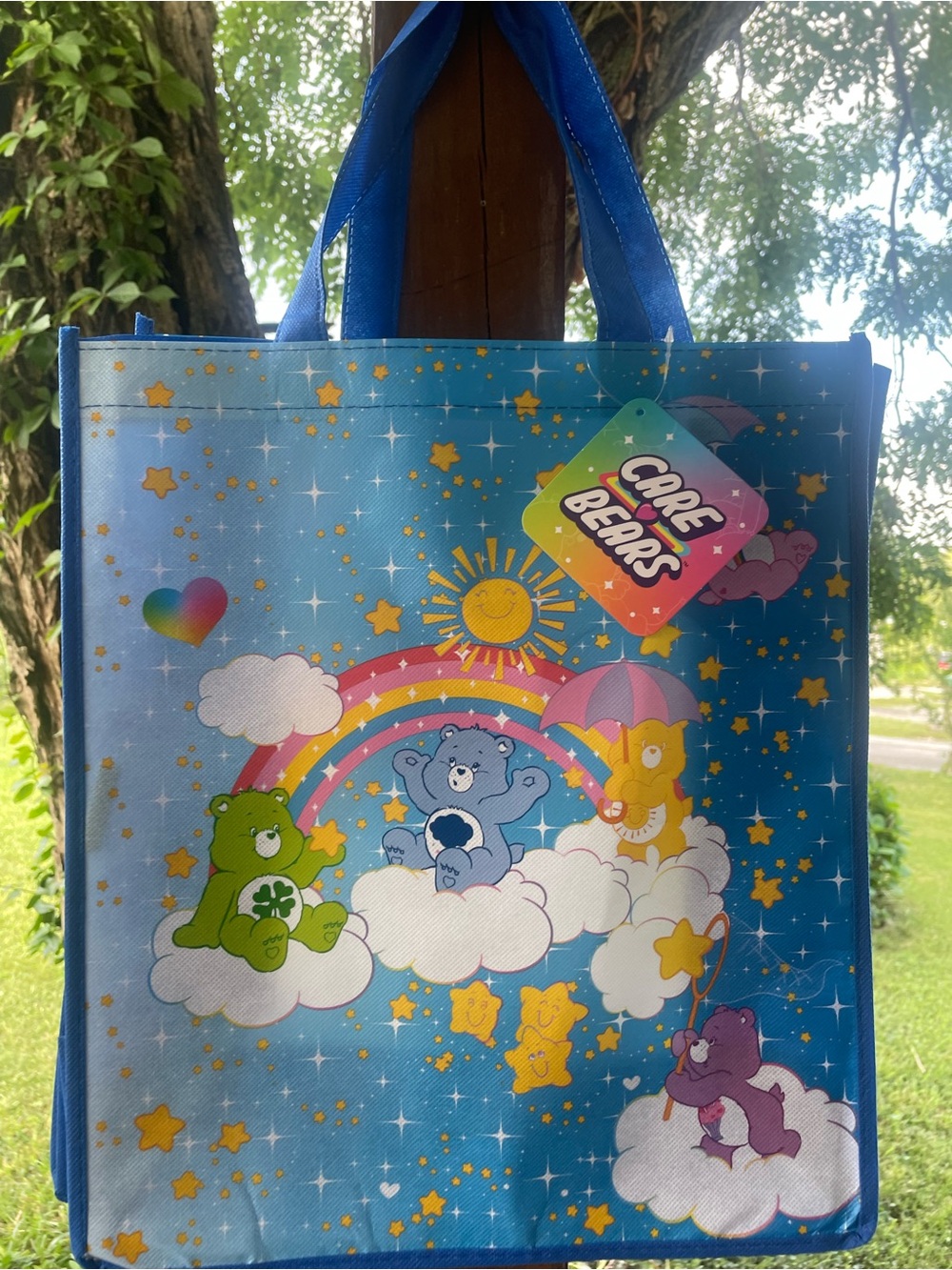 Care Bears Blue Reusable Tote Bag with Rainbow and Multicolor Stars